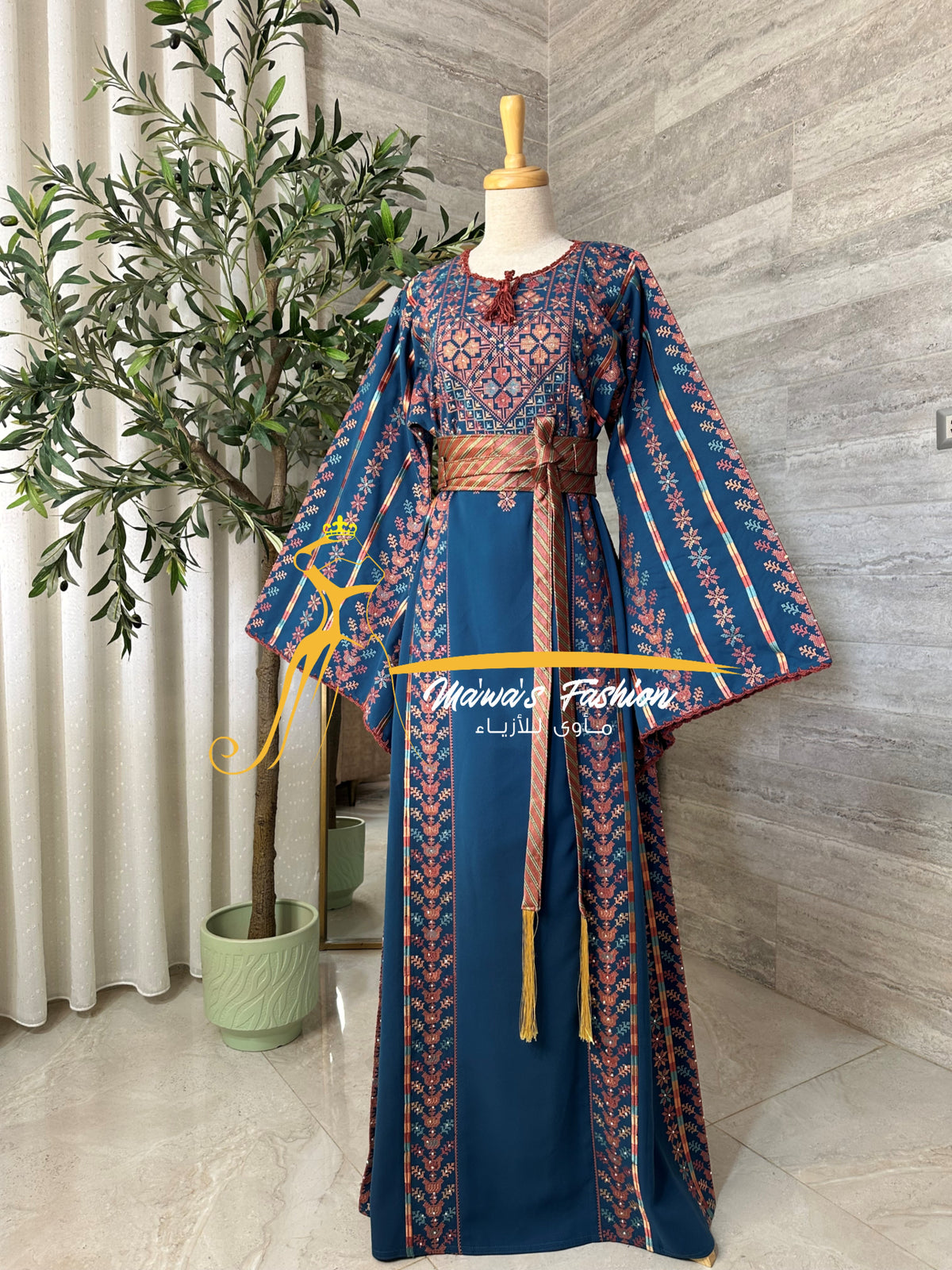 Luxury Turquoise Embroidered Thobe with Hand-Crocheted Trim - Style MZ126A