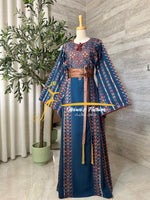Luxury Turquoise Embroidered Thobe with Hand-Crocheted Trim - Style MZ126A