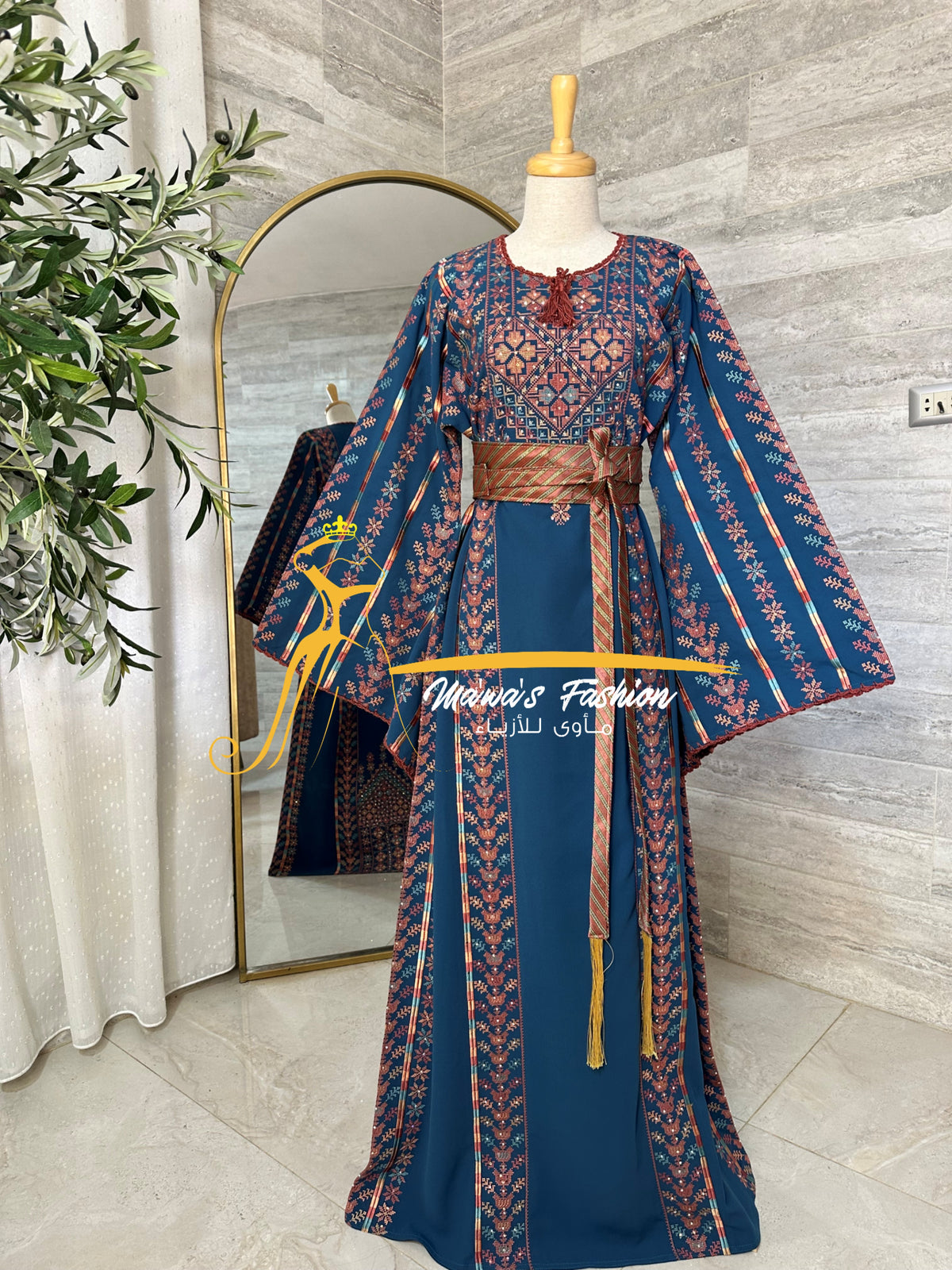 Luxury Turquoise Embroidered Thobe with Hand-Crocheted Trim - Style MZ126A