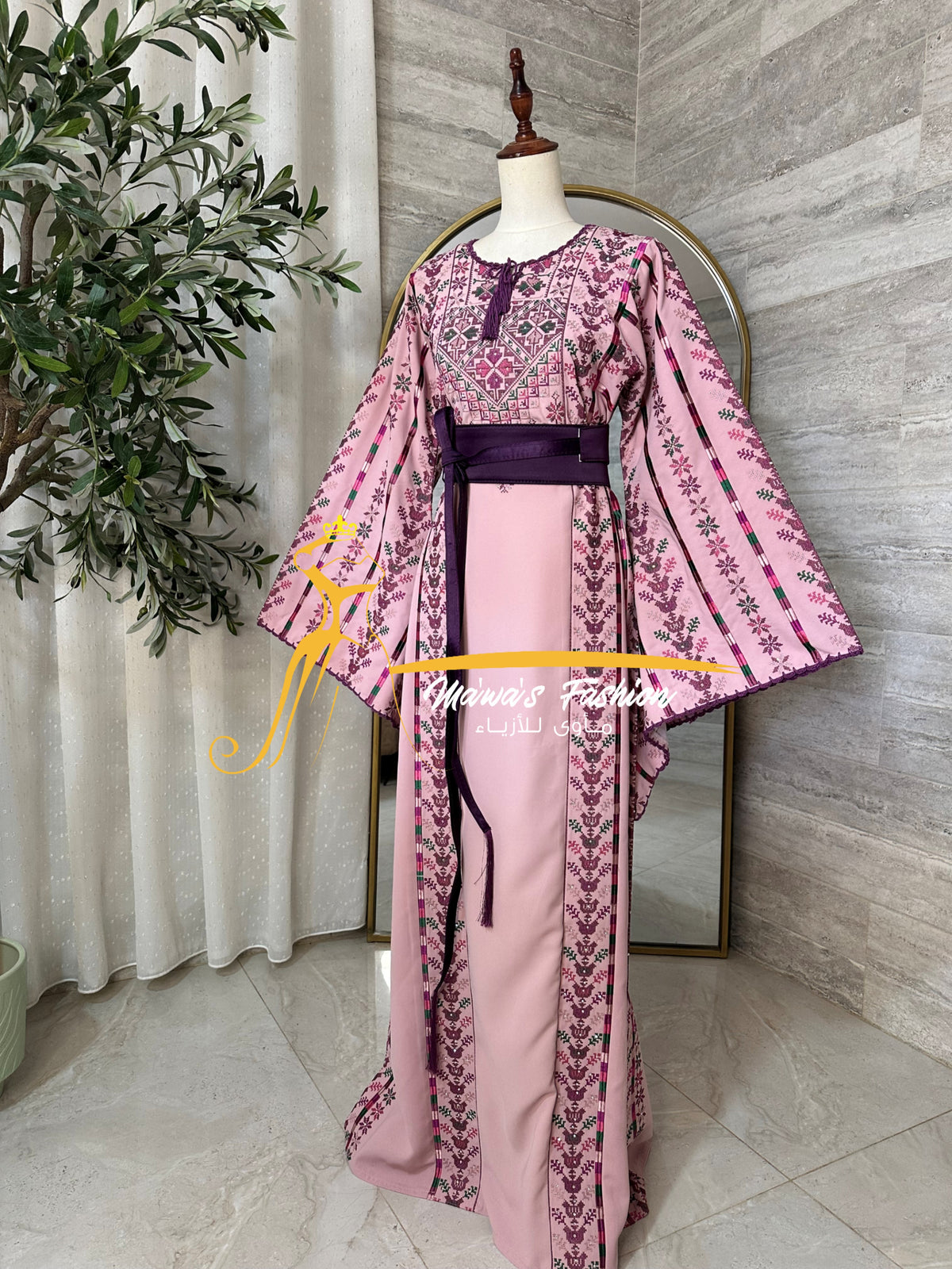 Luxury Blush Pink Embroidered Thobe with Hand-Crocheted Trim Style MZ126B