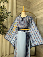 Luxury Sky Blue Embroidered Thobe with Hand-Crocheted Trim Style MZ126C