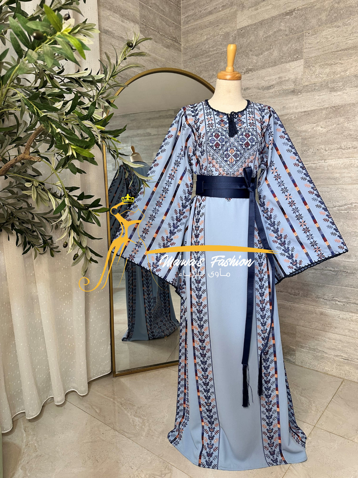 Luxury Sky Blue Embroidered Thobe with Hand-Crocheted Trim Style MZ126C