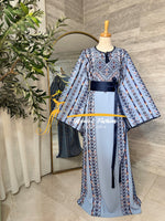 Luxury Sky Blue Embroidered Thobe with Hand-Crocheted Trim Style MZ126C