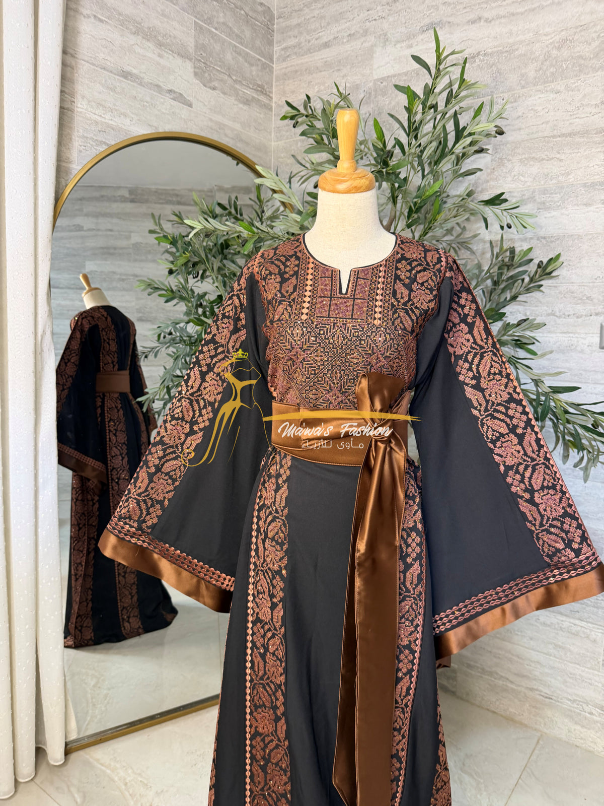 Category Luxury Black Thobe with Chocolate Brown Embroidery & Satin Belt Style MAO326D