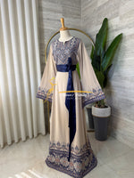 Beige Embroidered Thobe with Satin Belt