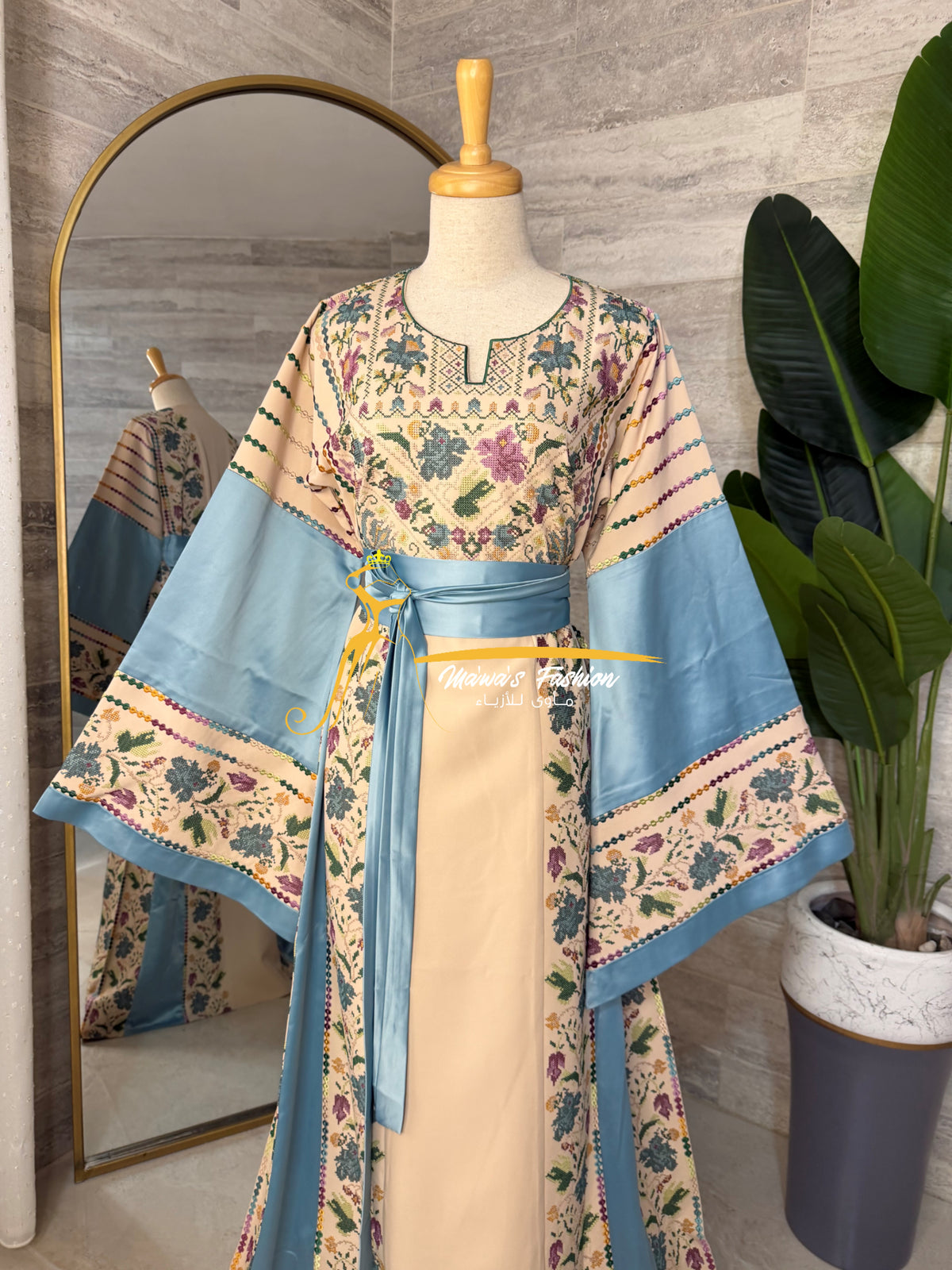Beige & Sky Blue Thobe - Style Q126