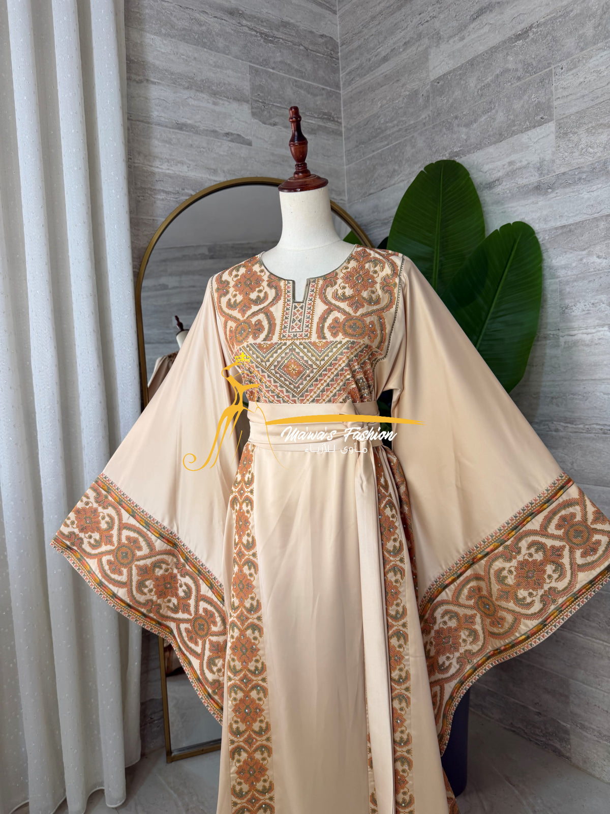Luxury Golden Beige Satin Embroidered Thobe - Style Q428F