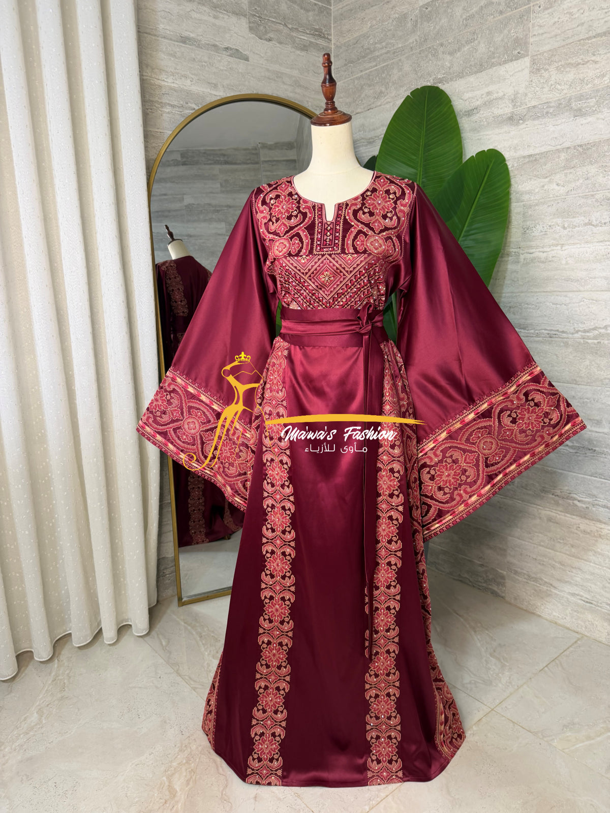 Luxury Burgundy Satin Embroidered Thobe - Style Q428E