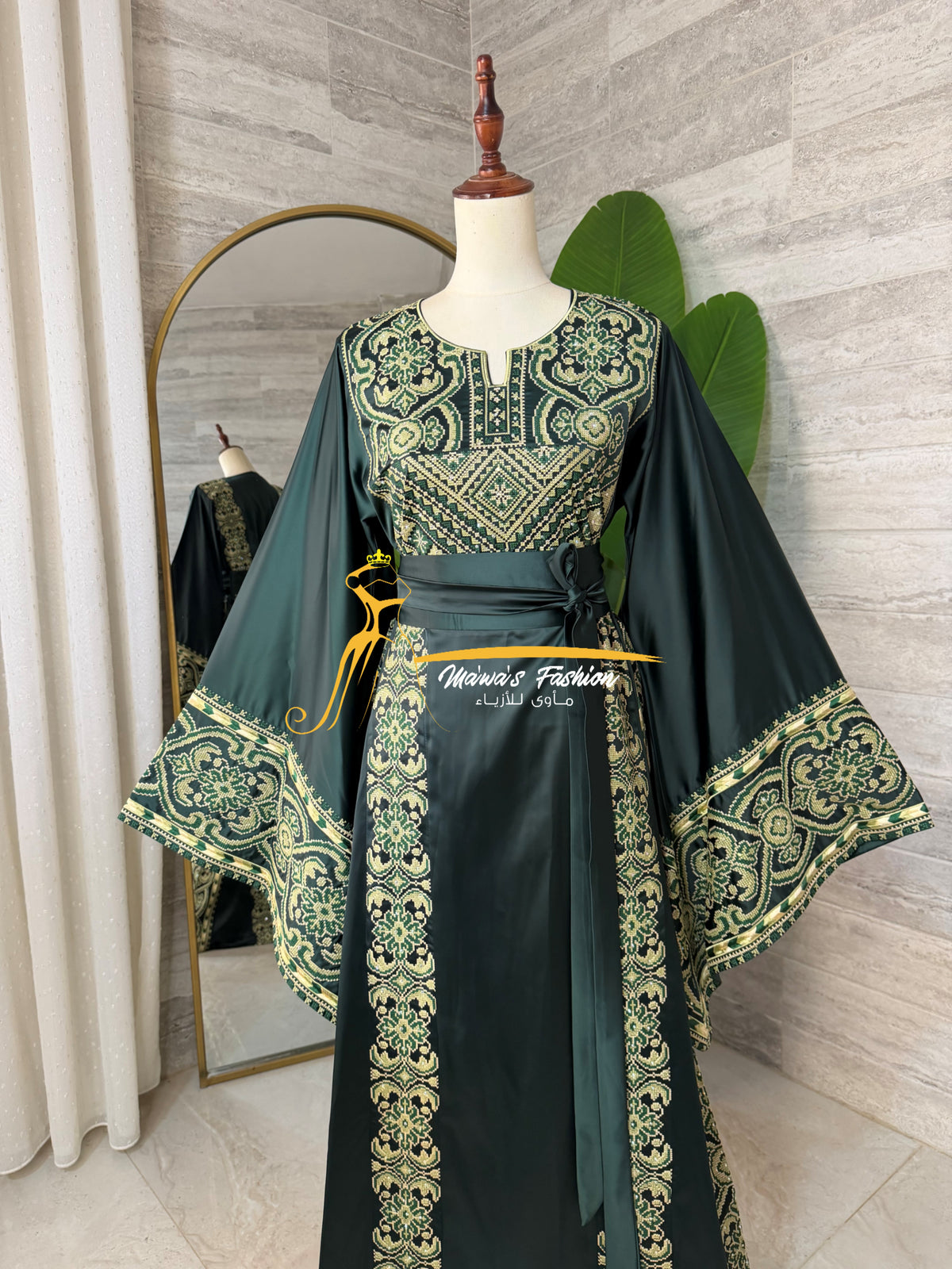 Luxury Forest Green Satin Embroidered Thobe - Style Q428C