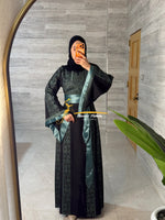 Category Luxury Black Thobe with Sage Green Embroidery & Satin Belt Style MAO326B