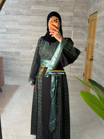 Category Luxury Black Thobe with Sage Green Embroidery & Satin Belt Style MAO326B
