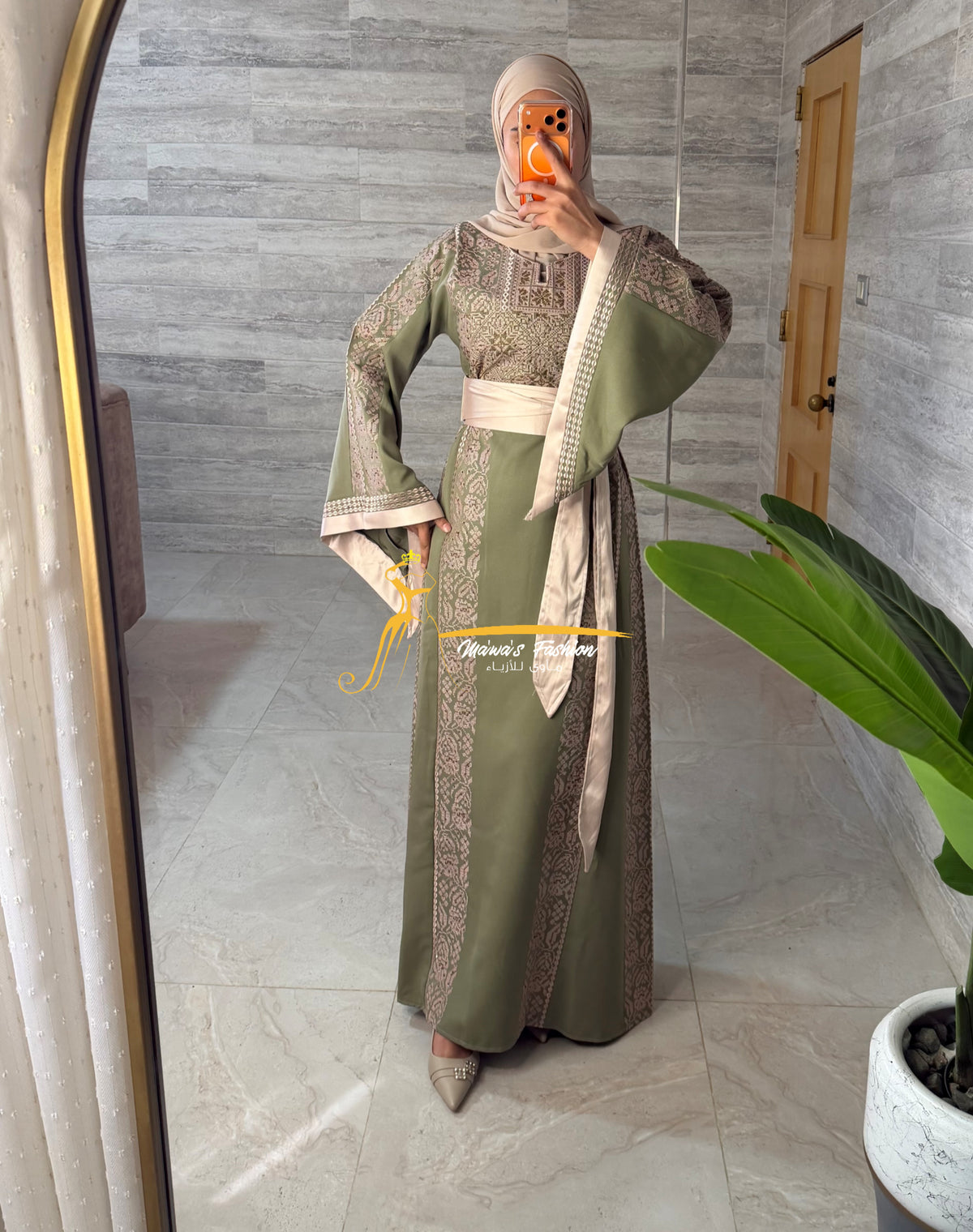 Category Luxury Olive Green Thobe with Blush Pink Embroidery & Satin Belt Style MAO326B