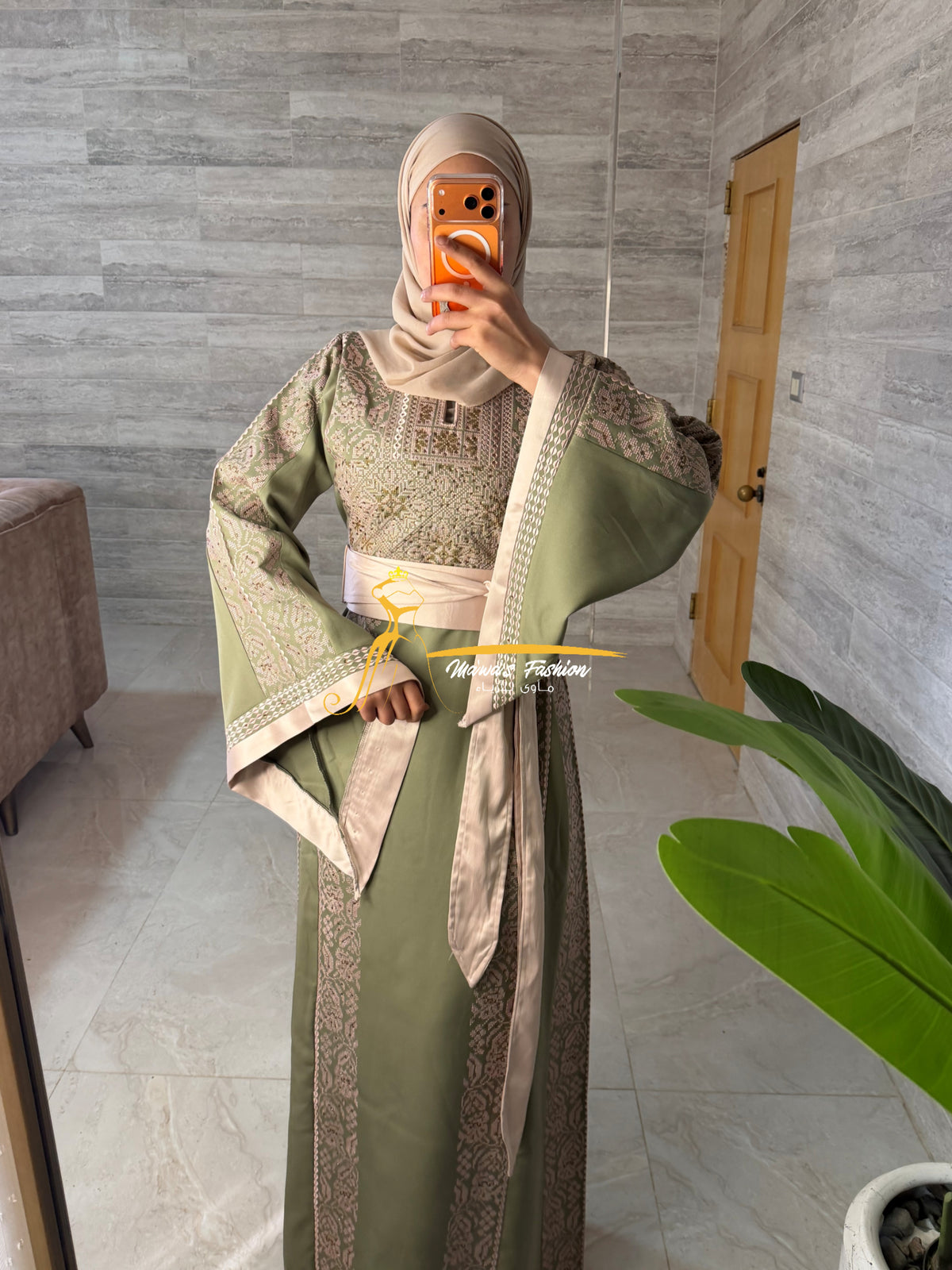 Category Luxury Olive Green Thobe with Blush Pink Embroidery & Satin Belt Style MAO326B