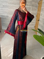 Luxury Navy Blue Thobe with Rich Red Embroidery & Satin Belt - Style MAO326A