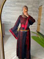 Luxury Navy Blue Thobe with Rich Red Embroidery & Satin Belt - Style MAO326A
