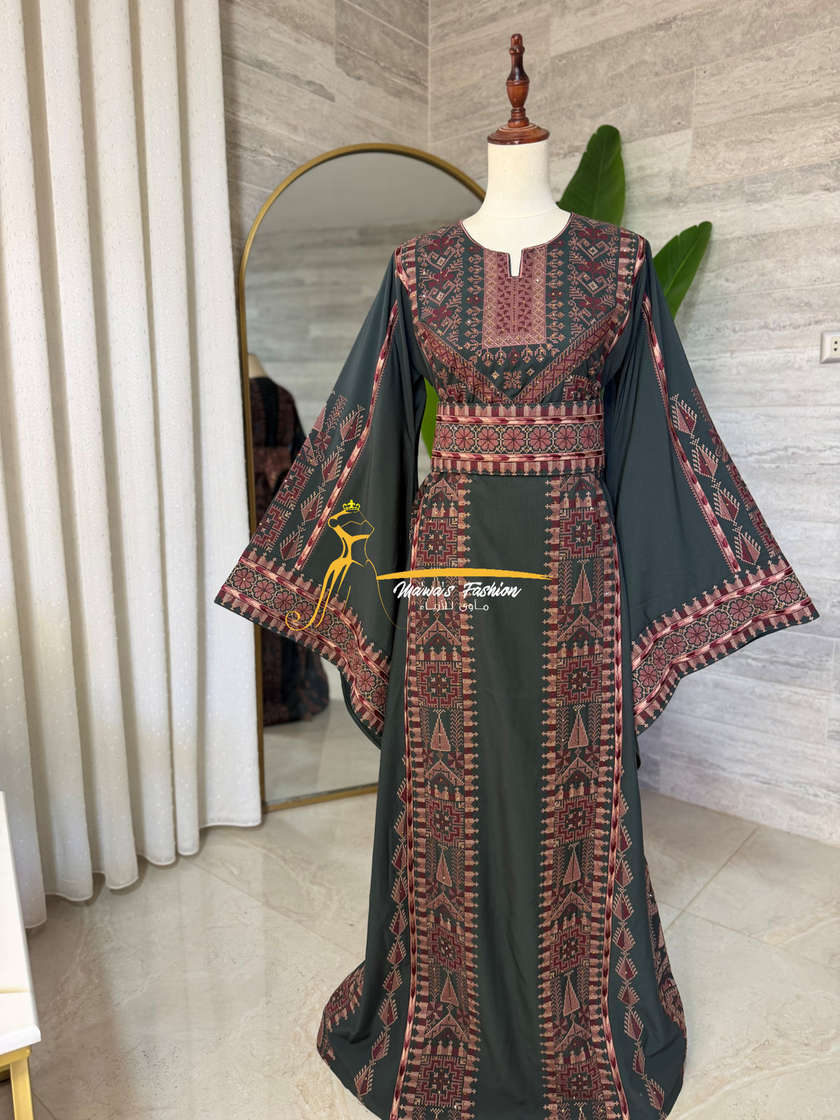Royal Embroidered Thobe – Olive Green & Terracotta Style G008A