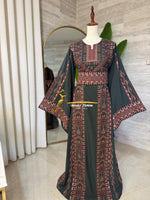 Royal Embroidered Thobe – Olive Green & Terracotta Style G008A