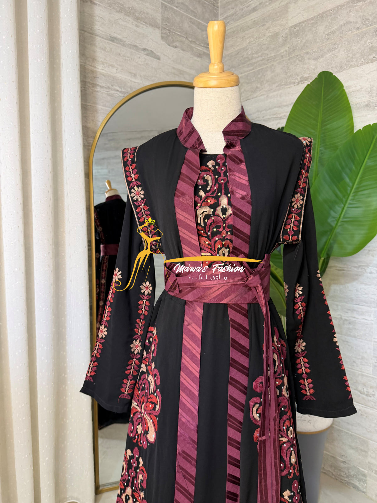 Luxury Black Embroidered Kaftan with Burgundy Saya Belt - Style SHM24126B