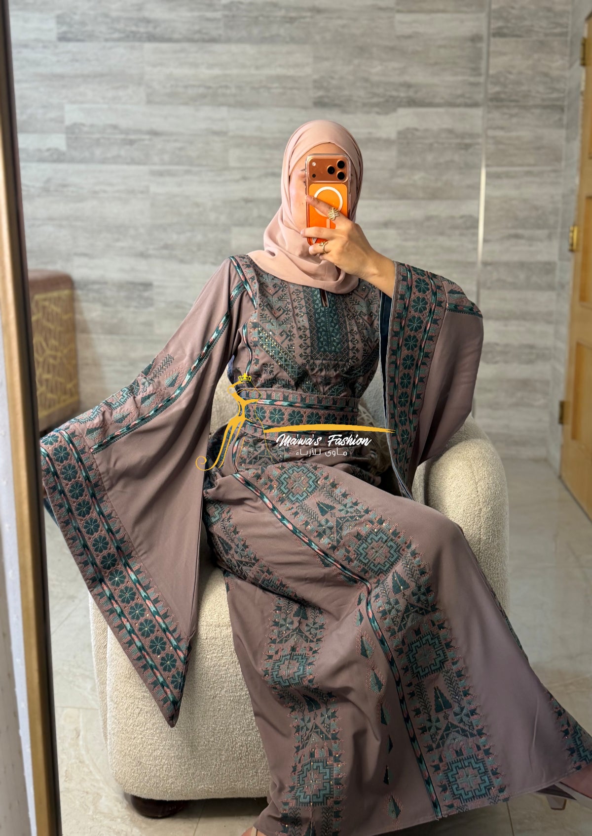 Royal Embroidered Thobe –Dusty Mauve & Teal Style G008B