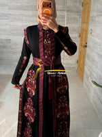 Luxury Black Embroidered Kaftan with Burgundy Saya Belt - Style SHM24126B