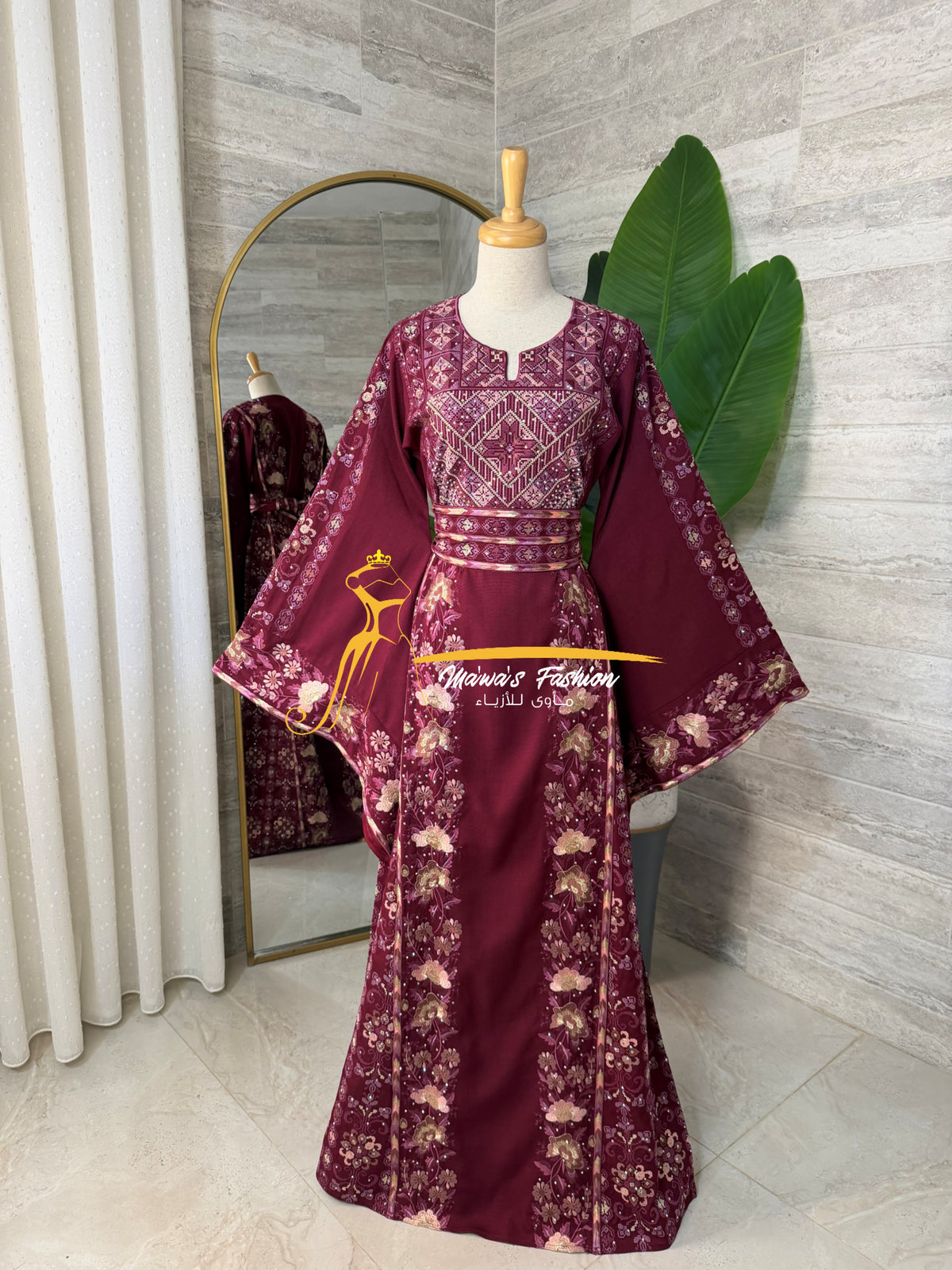 Maroon Burgundy Thobe with Heritage Embroidery Thobe - Style G226 C