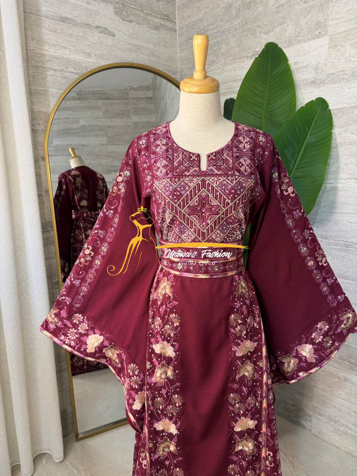 Maroon Burgundy Thobe with Heritage Embroidery Thobe - Style G226 C