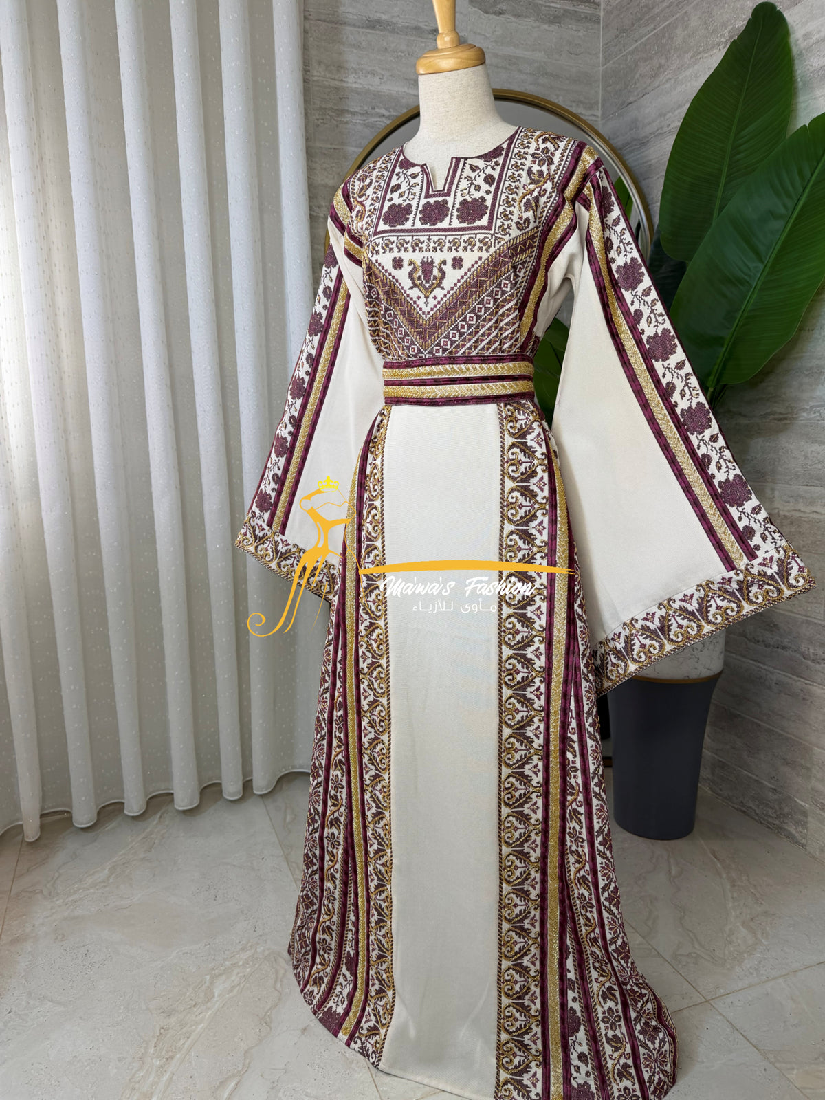 Luxury Off-White Heavy Embroidered Thobe with Beaded Manajel Belt - Style MG526B