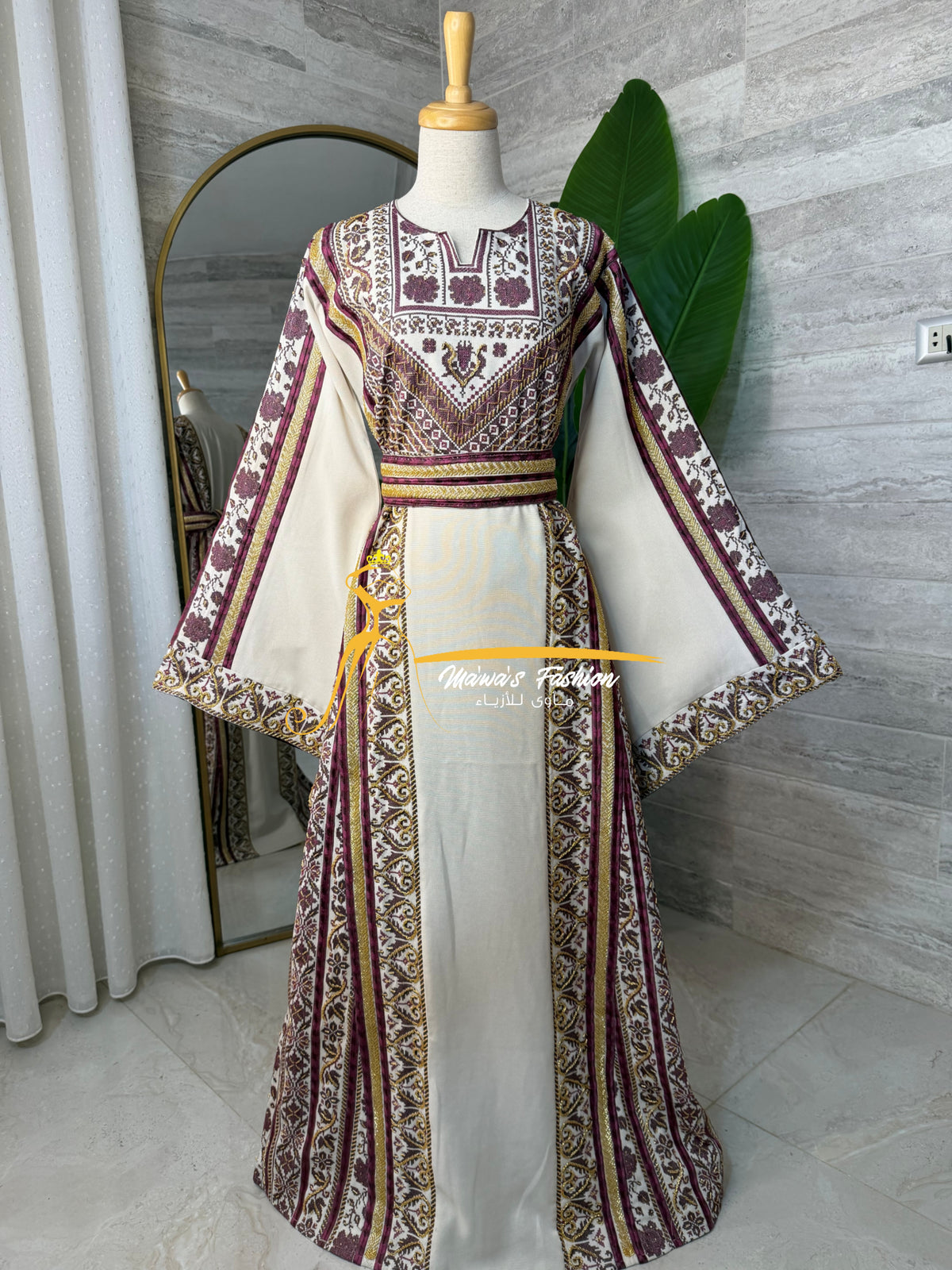 Luxury Off-White Heavy Embroidered Thobe with Beaded Manajel Belt - Style MG526B