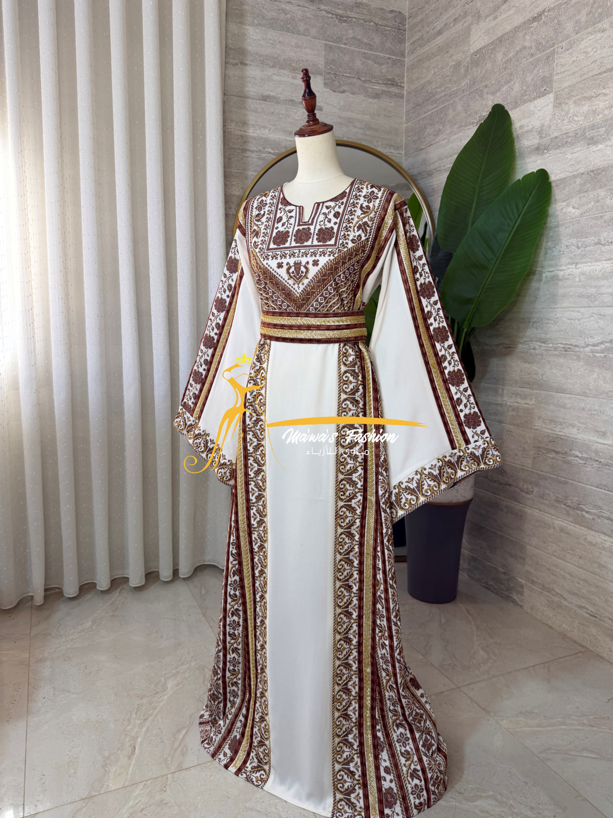 Luxury White Heavy Embroidered Thobe with Beaded Manajel Belt - Style MG526C