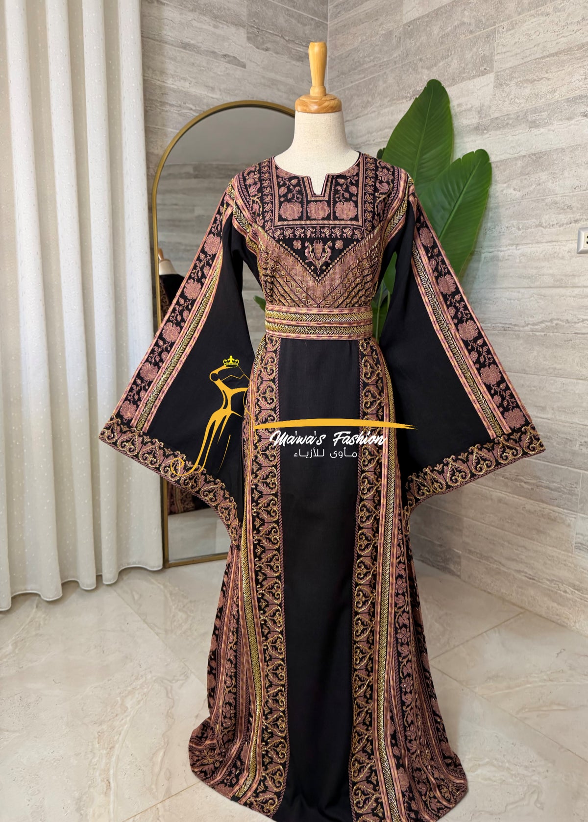 Luxury Black Heavy Embroidered Thobe with Handmade Beading - Style MG526A