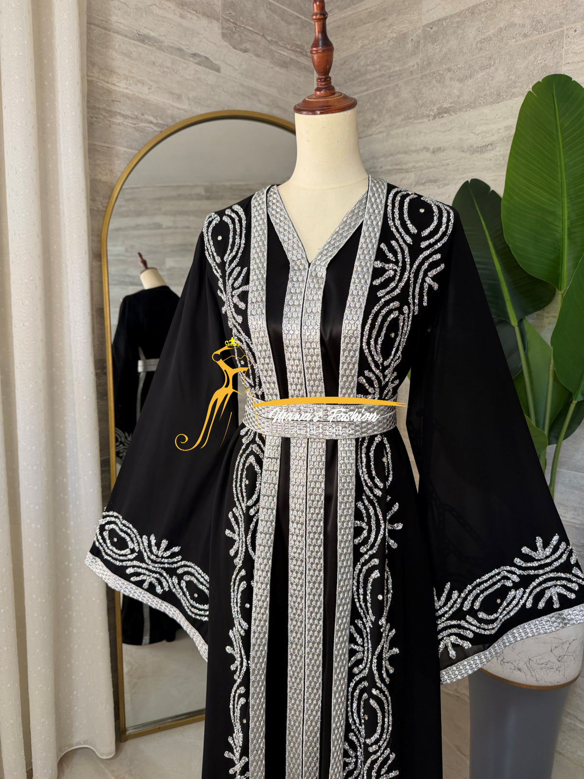 Elegant 3-Piece Black & Silver Embroidered Kaftan- Style NQ526