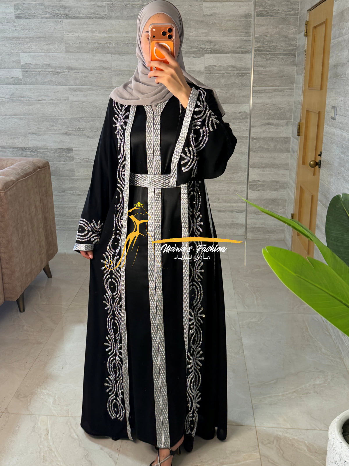 Elegant 3-Piece Black & Silver Embroidered Kaftan- Style NQ526
