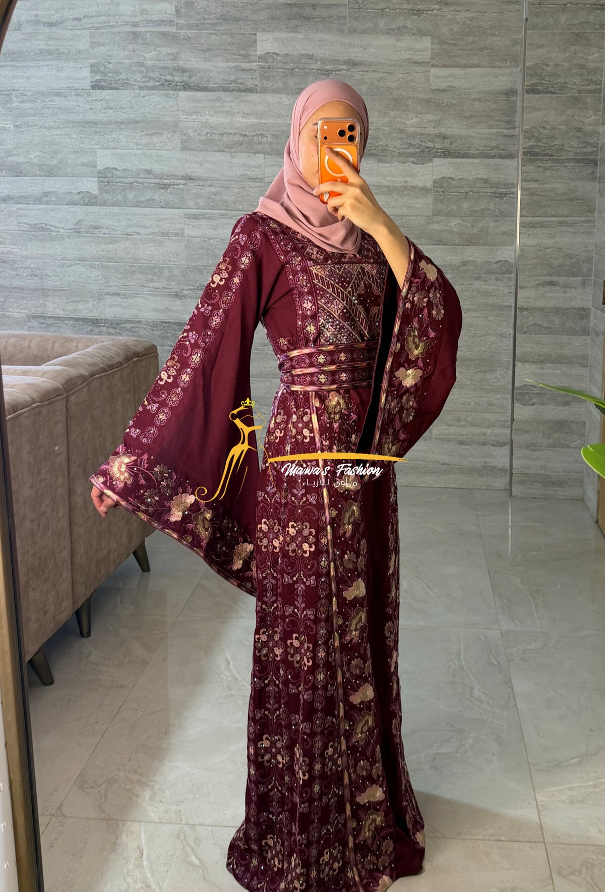 Maroon Burgundy Thobe with Heritage Embroidery Thobe - Style G226 C