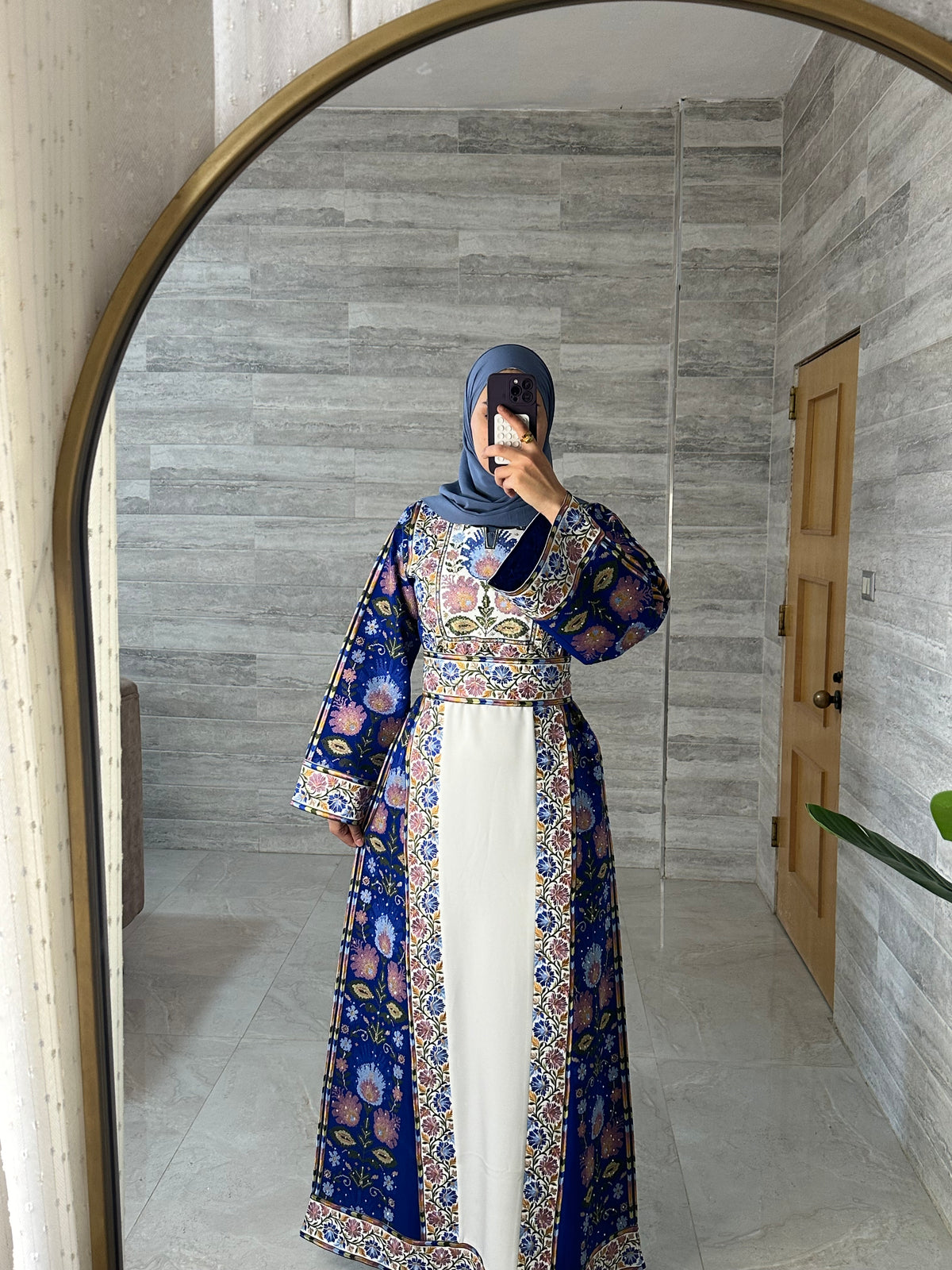 Royal Blue Floral Print Contrast Maxi Thobe Style NQ002 A