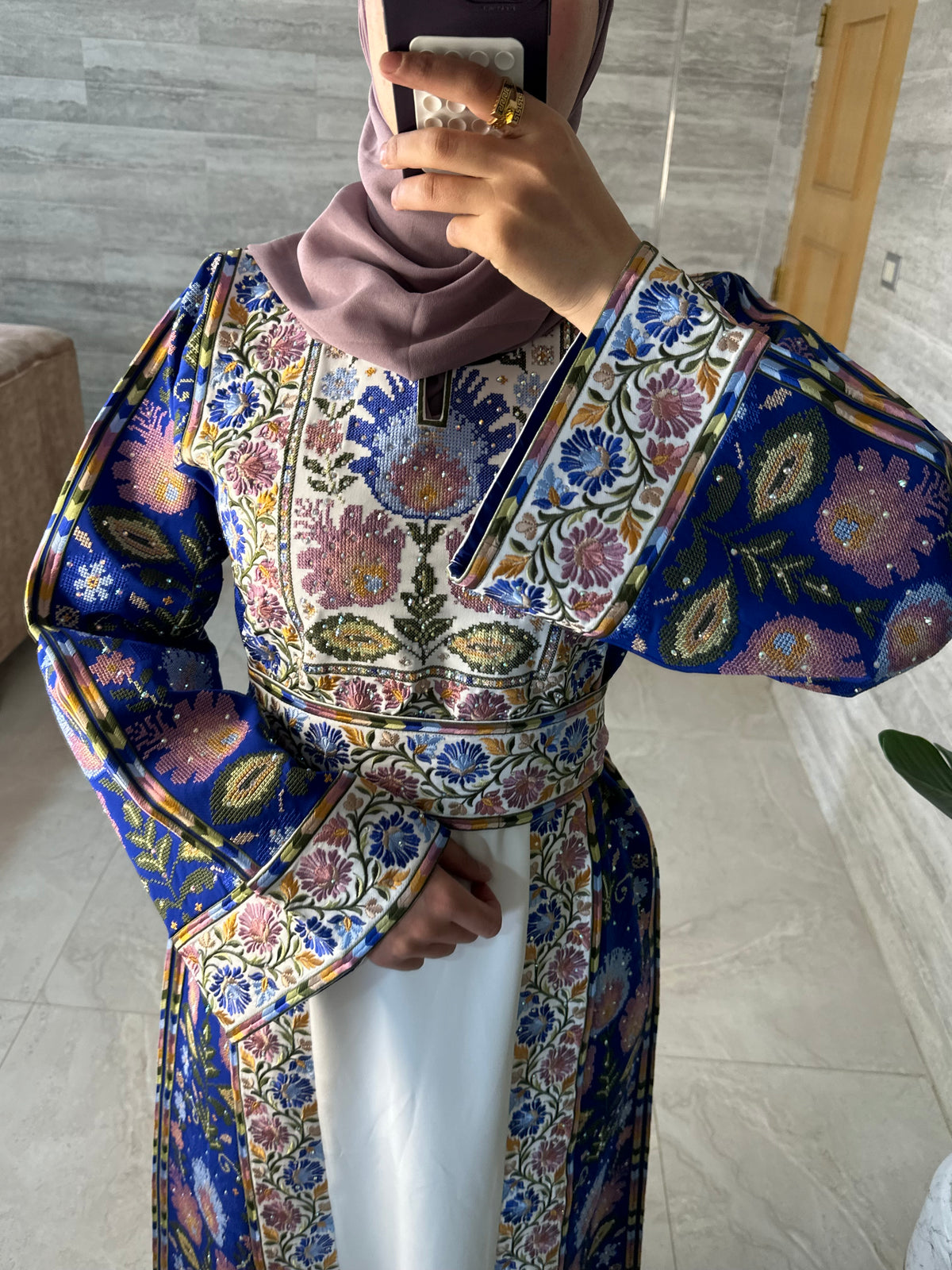 Royal Blue Floral Print Contrast Maxi Thobe Style NQ002 A