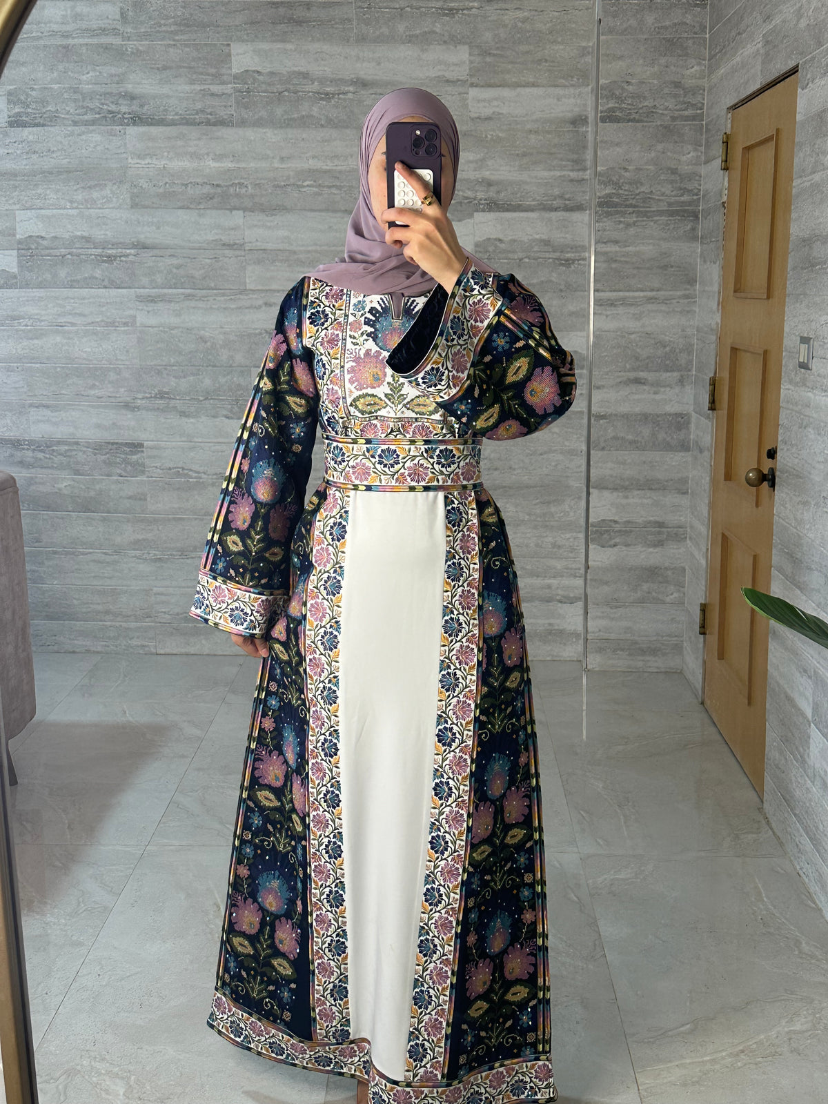 Navy Blue Floral Print Contrast Maxi Thobe Style NQ002B