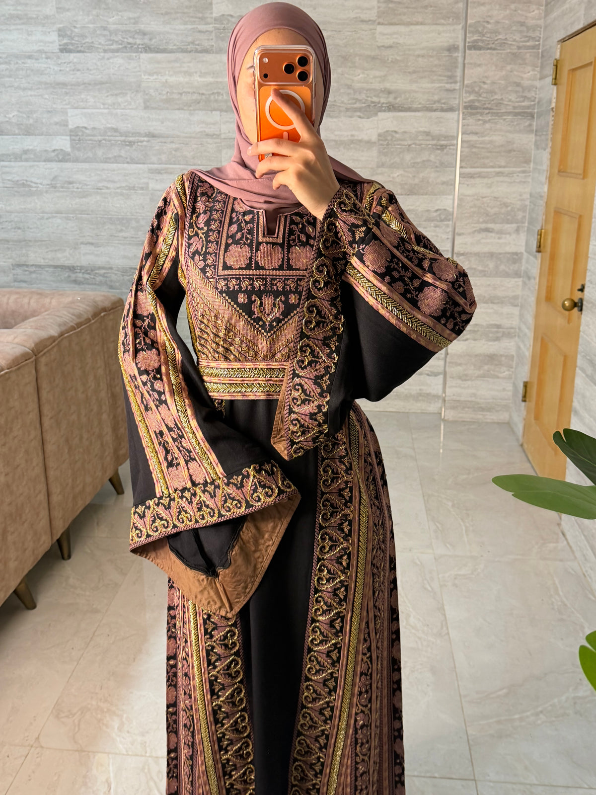 Luxury Black Heavy Embroidered Thobe with Handmade Beading - Style MG526A
