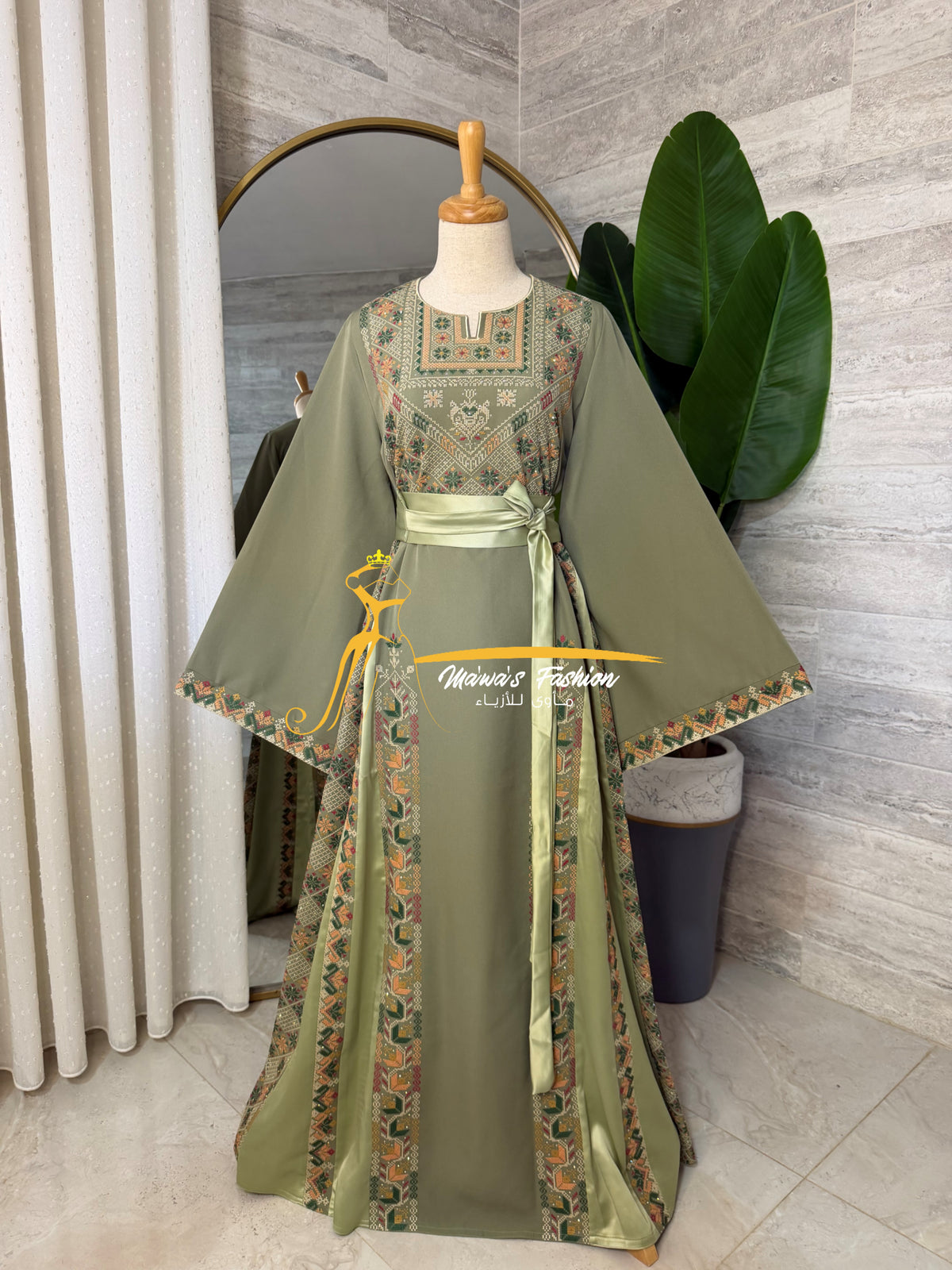 Elegant Embroidered Thobe –Olive Green & Light Pistachio- Style HZ526G