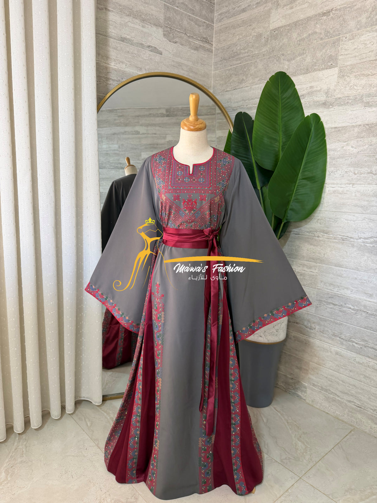 Elegant Embroidered Thobe –Grey & Burgundy- Style HZ526E