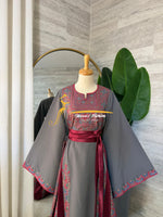 Elegant Embroidered Thobe –Grey & Burgundy- Style HZ526E