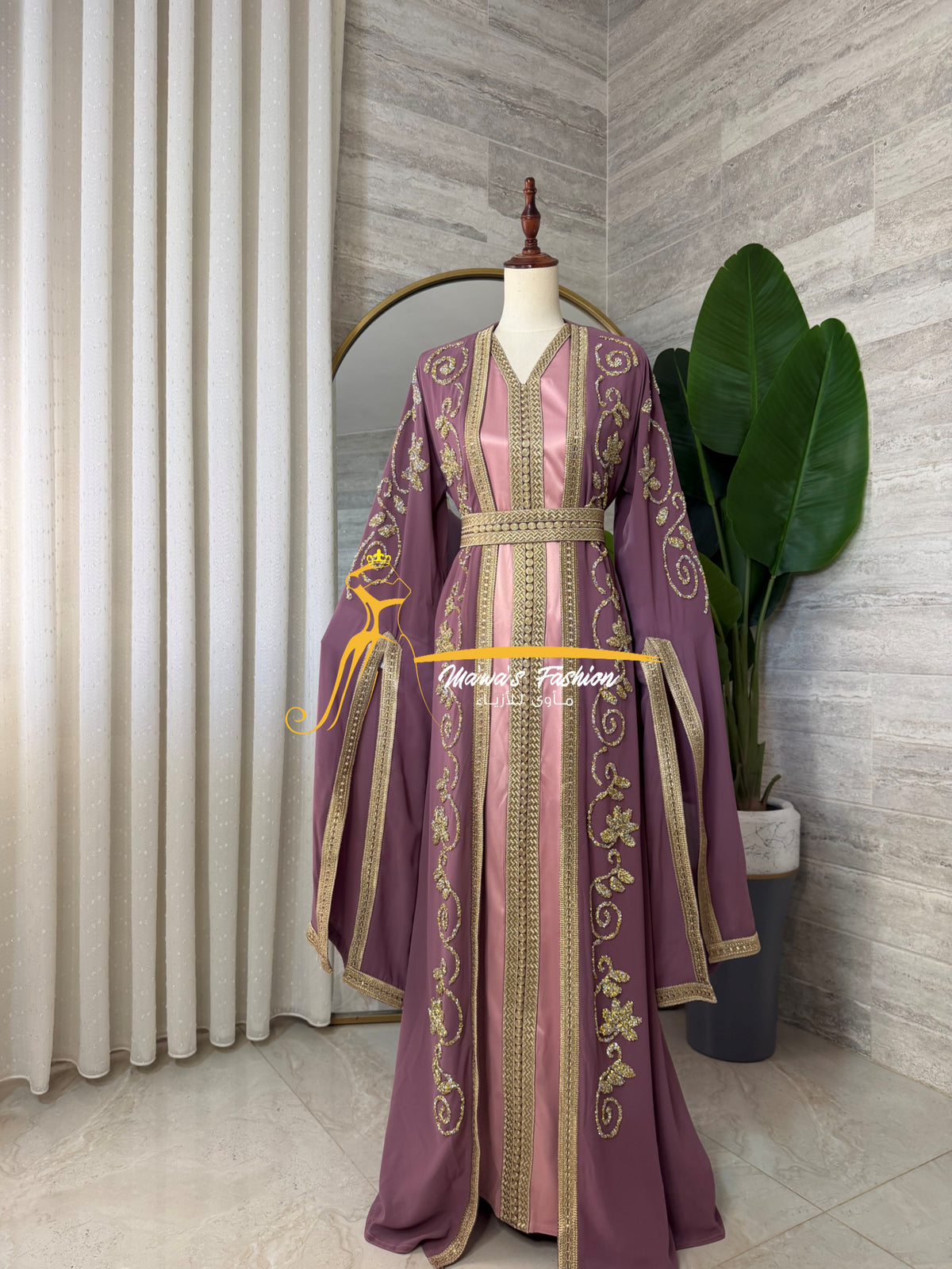 3-Piece Mauve & Gold Luxury Kaftan - Style HK8026A