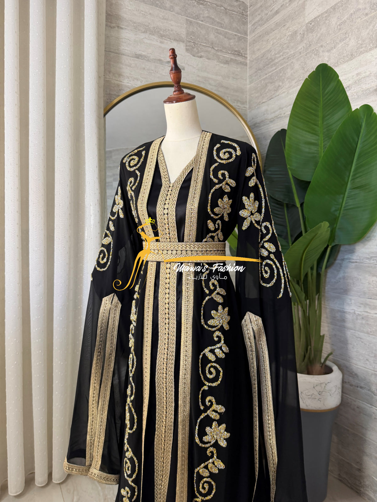 3-Piece Black & Metallic Gold Luxury Kaftan - Style HK8026C