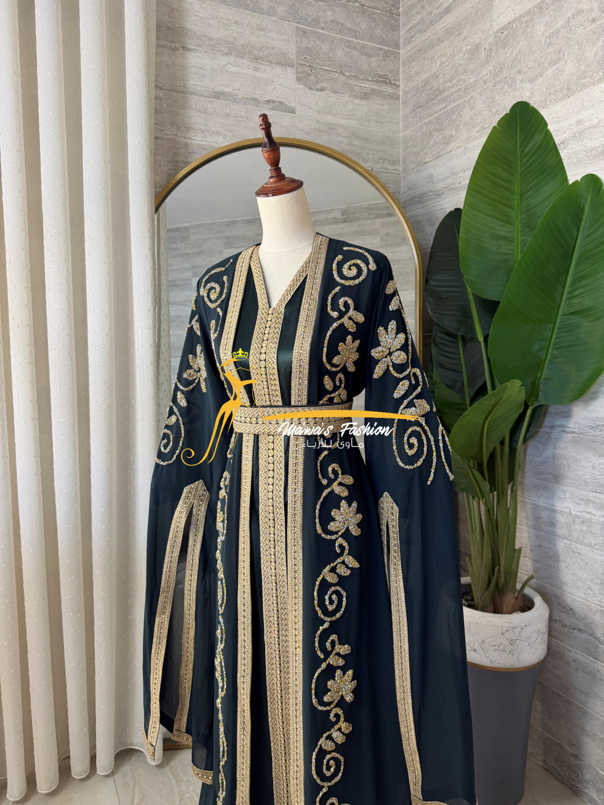 3-Piece Petrol Green & Gold Luxury Kaftan - Style HK8026E
