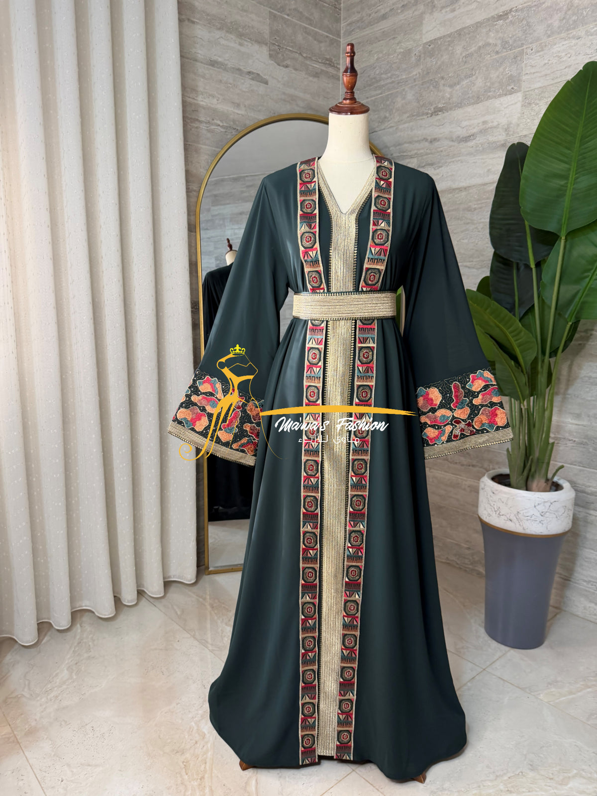 Luxury Dark Emerald Embroidered Kaftan - Style H3226C