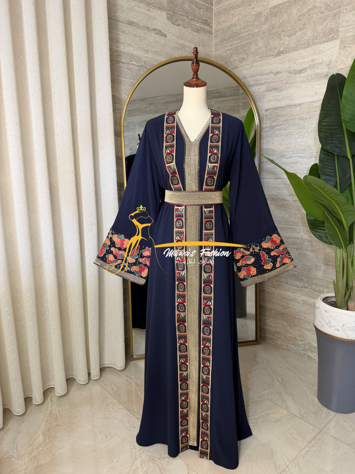 Luxury Navy Blue Embroidered Kaftan - Style H3226E