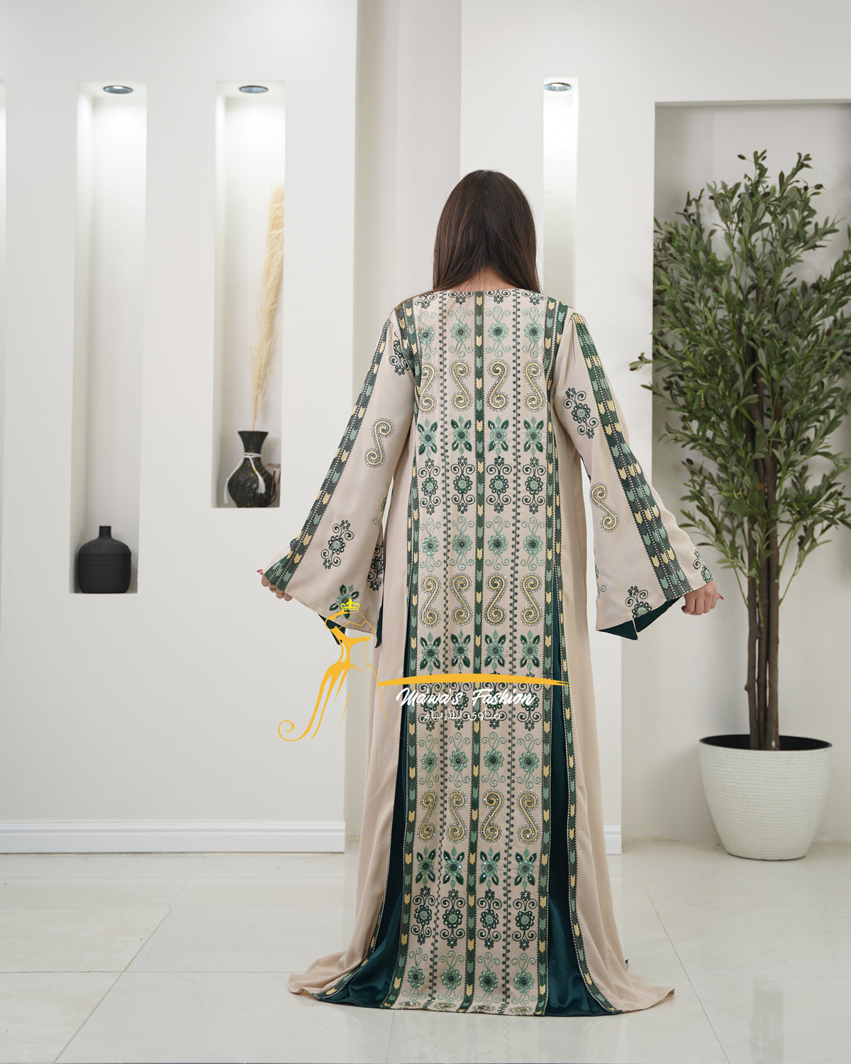 Luxury Beige Kaftan with Emerald Green Embroidery - Style MO326 D
