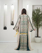 Luxury Beige Kaftan with Emerald Green Embroidery - Style MO326 D
