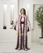 Luxury Beige Kaftan with Burgundy Embroidery- Style MO326 A