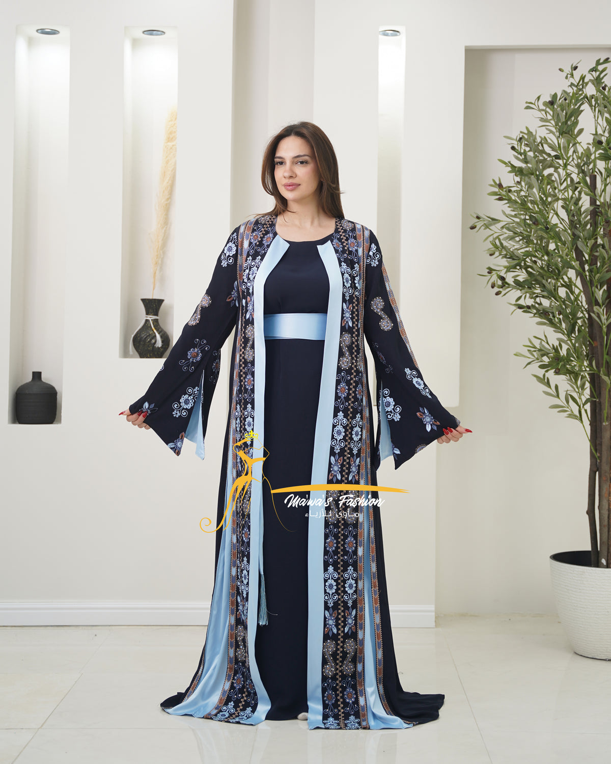 Luxury Navy Kaftan with Sky Blue Embroidery- Style MO326 B