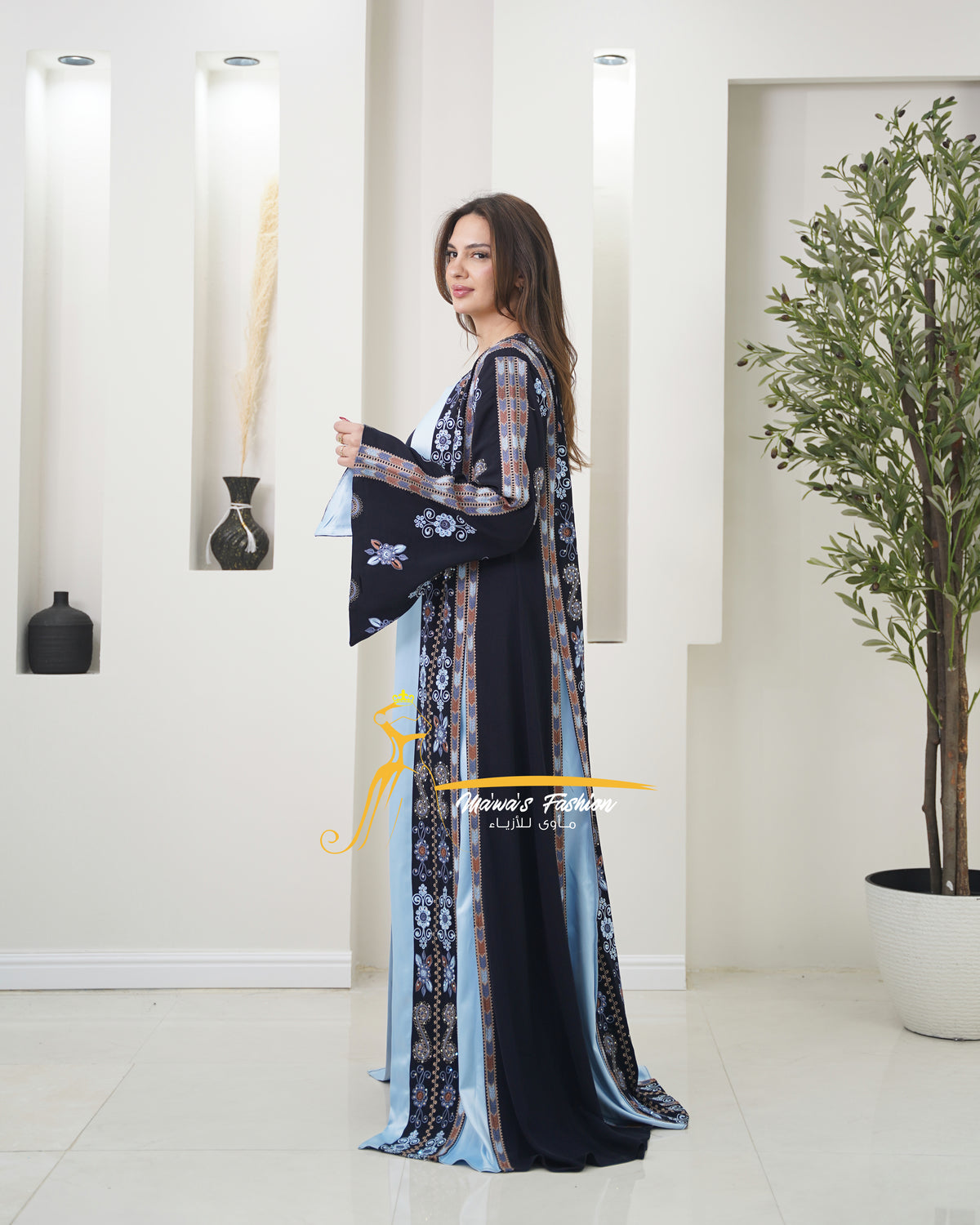 Luxury Navy Kaftan with Sky Blue Embroidery- Style MO326 B